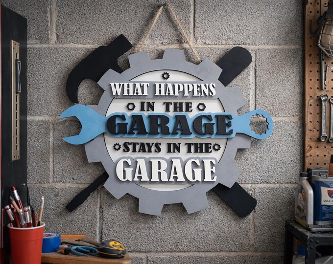 What Happens in the Garage Sign | Garage Wall Decor | Mechanic Gift | Man Cave Workshop Wooden Sign