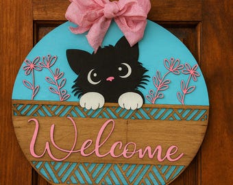 Custom Cat Welcome Sign – Personalized Colors, Real Wood Door Hanger,