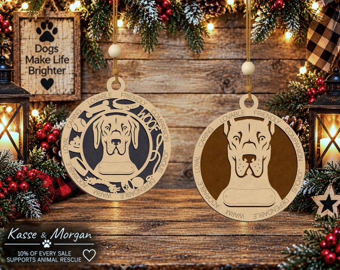Personalized Dog Ornament, Wooden Pet Christmas Ornament, Custom Name, Cropped or Natural Ears (Great Dane Gift)