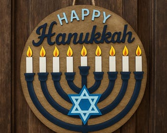 Happy Hanukkah Menorah Door Sign – Layered Wood Hanukkah Decor