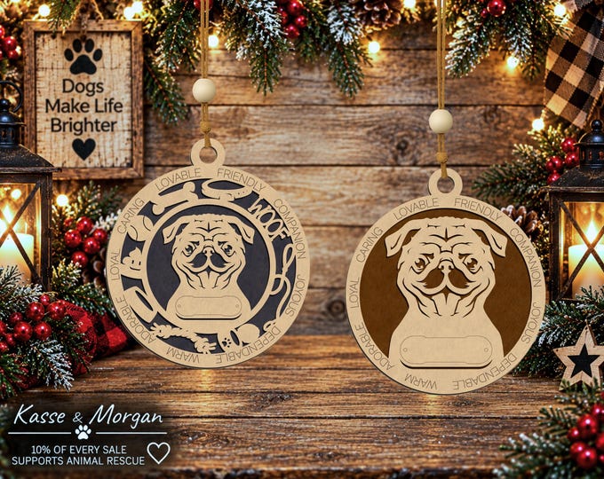 Personalized Wooden Pug Ornament, Custom Dog Gift, Christmas Keepsake