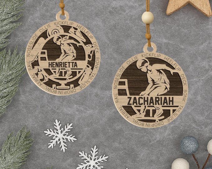Personalized Skateboarder Ornament: Laser Engraved Wood, Custom Name Gift