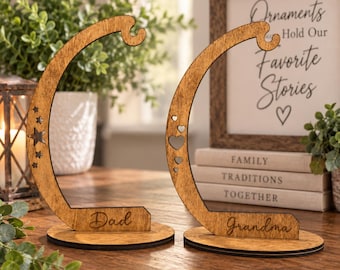 Personalized Wooden Ornament Display Stand, Heart or Star Keepsake Hanger