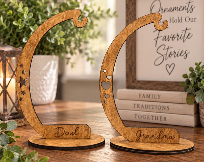 Personalized Wooden Ornament Display Stand, Heart or Star Keepsake Hanger