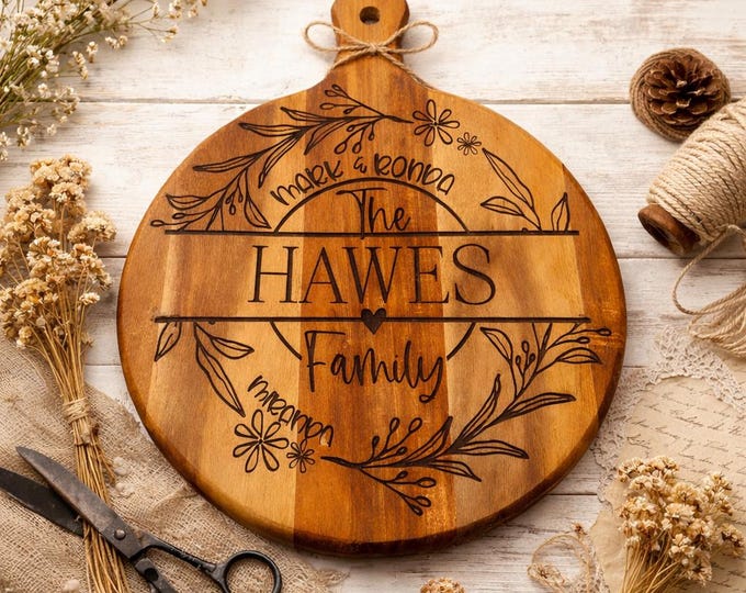 Personalized Acacia Wood Charcuterie Board: Engraved Family Name Serving Board