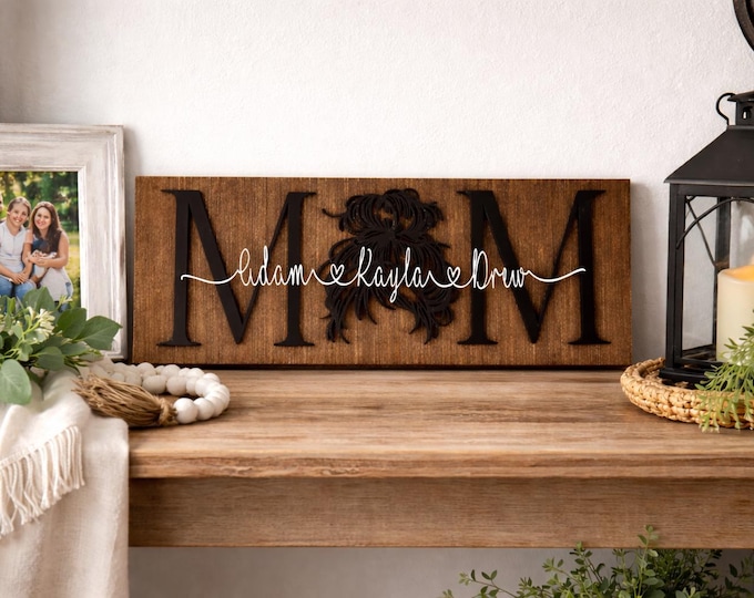 Personalized Messy Bun MOM Sign | Rustic Farmhouse Decor with Kids Names