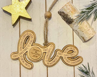 Personalized Love Christmas Ornament – Wooden Newlywed First Christmas Keepsake