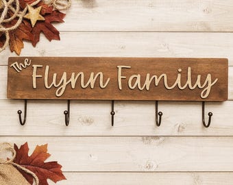 Personalized Family Name Sign with Hooks – Rustic Farmhouse Wall Décor