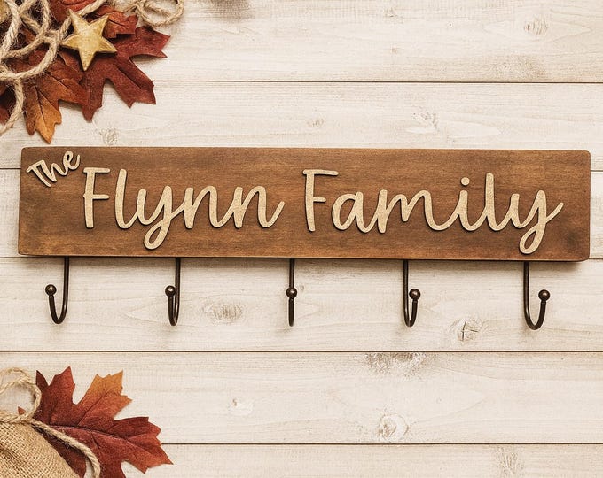Personalized Family Name Sign with Hooks – Rustic Farmhouse Wall Décor
