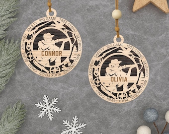Personalized Hunter Christmas Ornament: Engraved Wood, Outdoor Gift