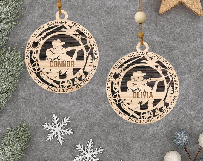 Personalized Hunter Christmas Ornament: Engraved Wood, Outdoor Gift