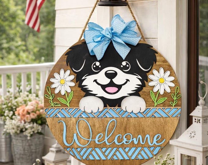 Custom Dog Welcome Sign – Personalized Colors, Real Wood Door Hanger,
