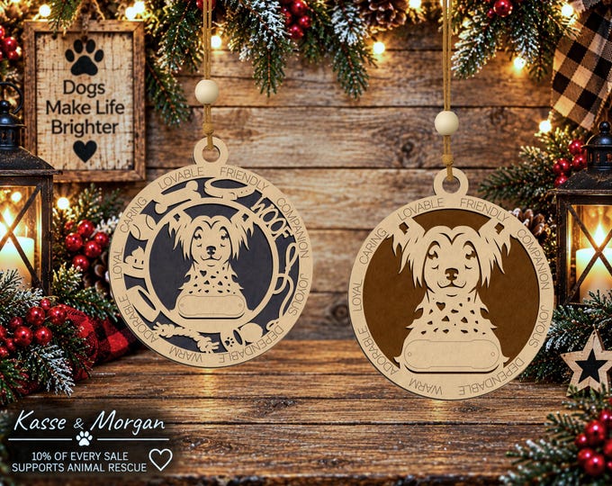 Personalized Chinese Crested Dog Ornament, Custom Wooden Pet Gift, Engraved Christmas Decoration