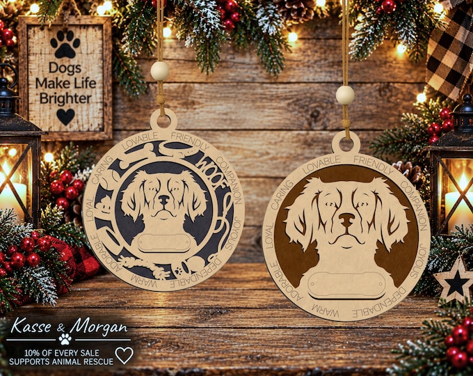 Personalized Brittany Spaniel Ornament, Custom Engraved Wood Dog Gift