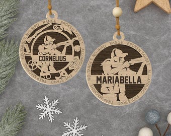 Personalized Trap Shooting Ornament | Custom Name Clay Target Shooter Gift | Laser Engraved Wood Ornament | Rustic or Color Base