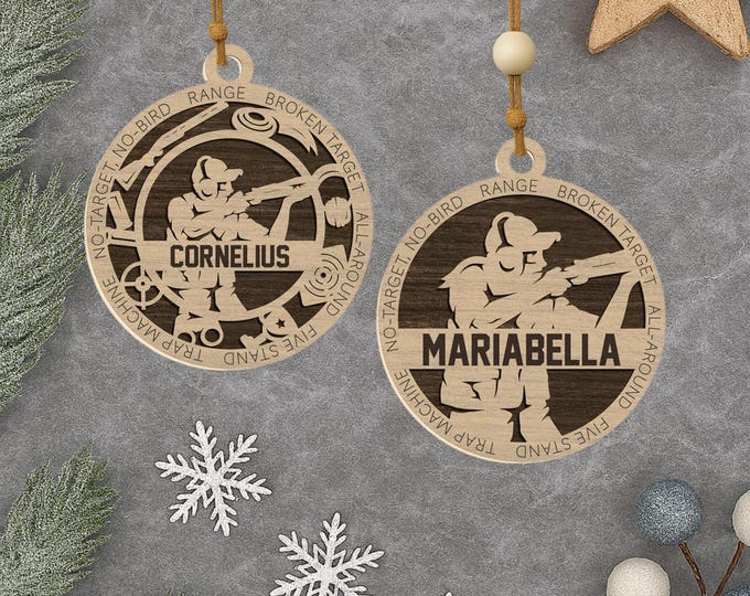 Personalized Trap Shooting Ornament | Custom Name Clay Target Shooter Gift | Laser Engraved Wood Ornament | Rustic or Color Base