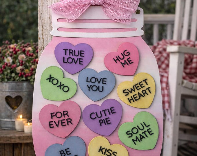 Candy Heart Mason Jar Valentine Door Hanger | Farmhouse Porch Decor