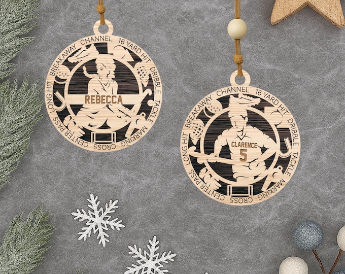 Personalized Field Hockey Ornament: Laser Cut Wood Keepsake