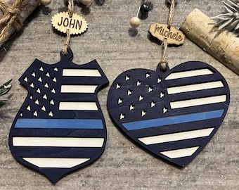 Thin Blue Line Police Ornament - Personalized Wood Heart or Badge