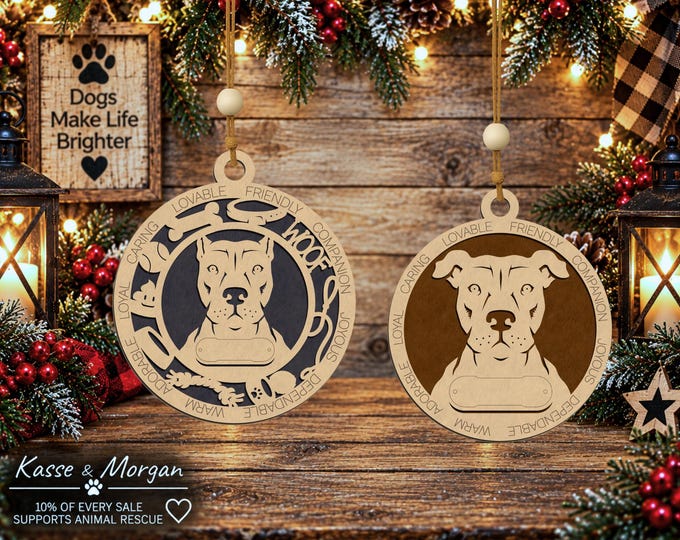Personalized American Pit Bull Terrier Ornament, Custom Name, Cropped or Natural Ears (Wooden)