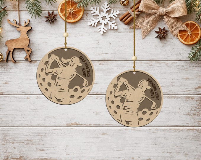 Personalized Golfer Ornament • Rustic Wood Style, Custom Name & Team