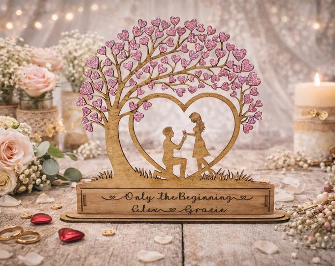 Personalized Engagement Tree Plaque | Glitter Heart Proposal Keepsake