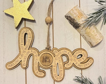Personalized Hope Christmas Ornament – Rustic Wooden Faith Ornament with Bible Verse