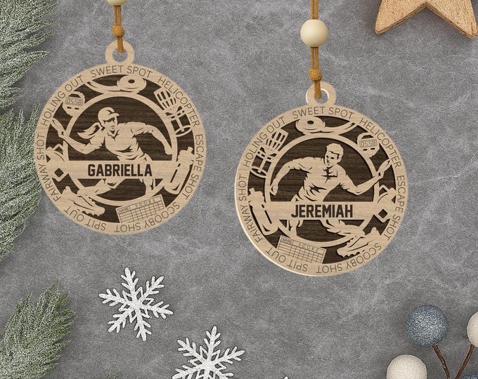 Personalized Disc Golf Ornament: Laser Engraved Wood, Rustic or Color Base
