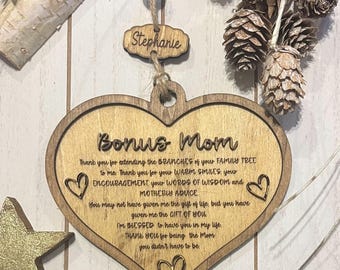 Personalized Bonus Mom Ornament: Engraved Wood Heart Keepsake
