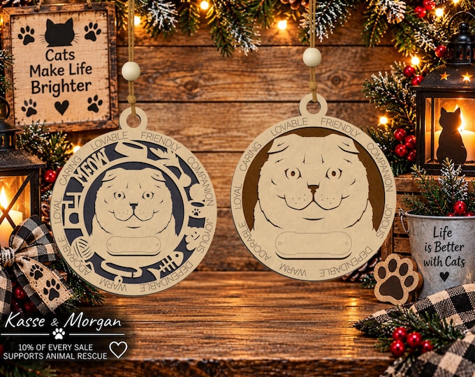 Personalized Scottish Fold Cat Ornament, Custom Wooden Pet Memorial Gift