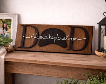 Personalized Dad Sign | Rustic Wood, Hat Silhouette & Kids' Names