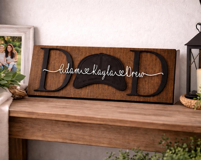 Personalized Dad Sign | Rustic Wood, Hat Silhouette & Kids' Names