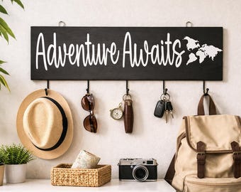 Adventure Awaits Wall Hook Sign | Travel-Inspired Entryway Organizer | Rustic Wood Rack | 36 x 11 Inch Wall Decor