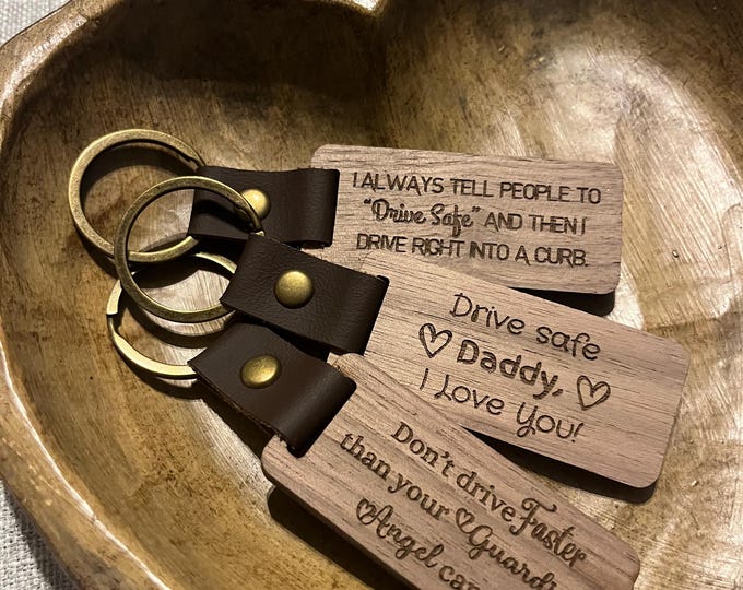 Personalized Wooden Walnut Drive Safe Keychain – Custom Engraved Message Keepsake