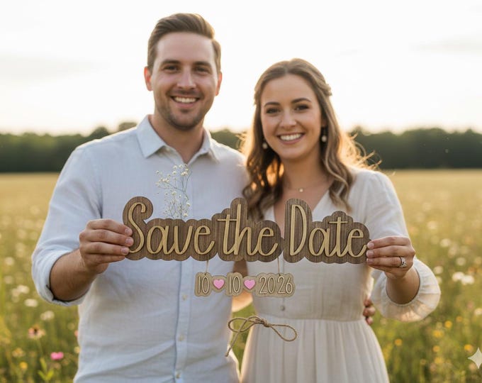 Personalized Wooden Save the Date Sign with Hanging Date | Rustic Wedding Announcement | Engagement Photo Prop