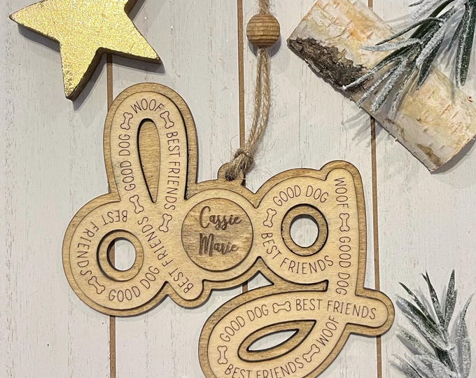 Personalized Dog Christmas Ornament – Rustic Wooden Pet Keepsake with Custom Name