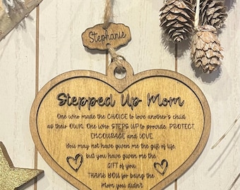 Personalized Stepped-Up Mom Ornament: Engraved Wood Heart Keepsake
