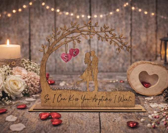 Personalized Kissing Couple Wood Sign – Romantic Anniversary Gift