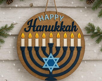 Happy Hanukkah Menorah Door Sign – Layered Wood Hanukkah Decor