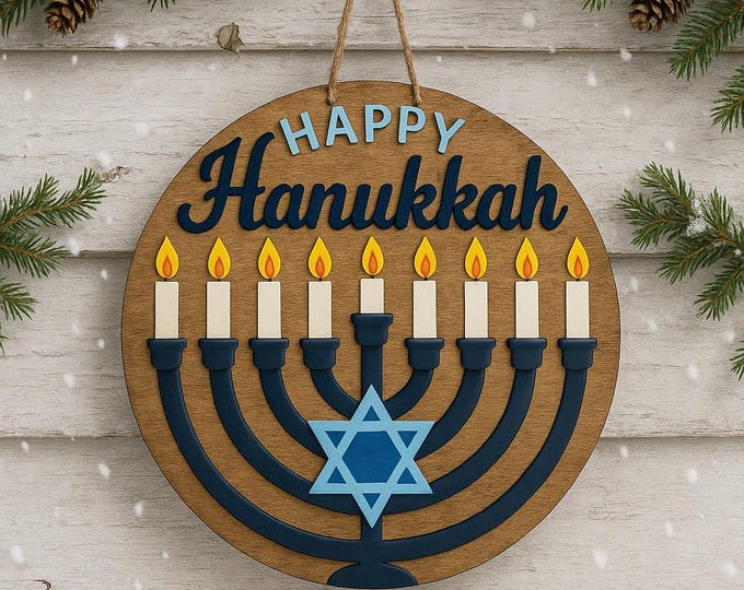Happy Hanukkah Menorah Door Sign – Layered Wood Hanukkah Decor