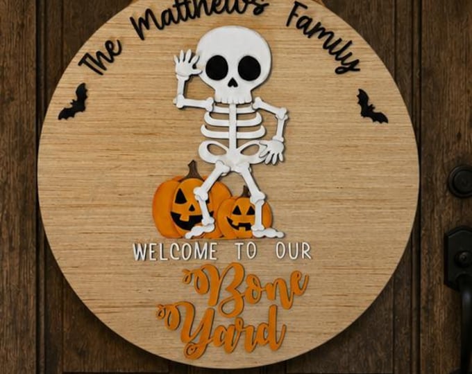 Personalized Skeleton Halloween Door Hanger | Welcome Bone Yard Rustic Sign