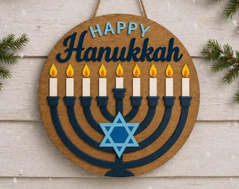 Happy Hanukkah Menorah Door Sign – Layered Wood Hanukkah Decor