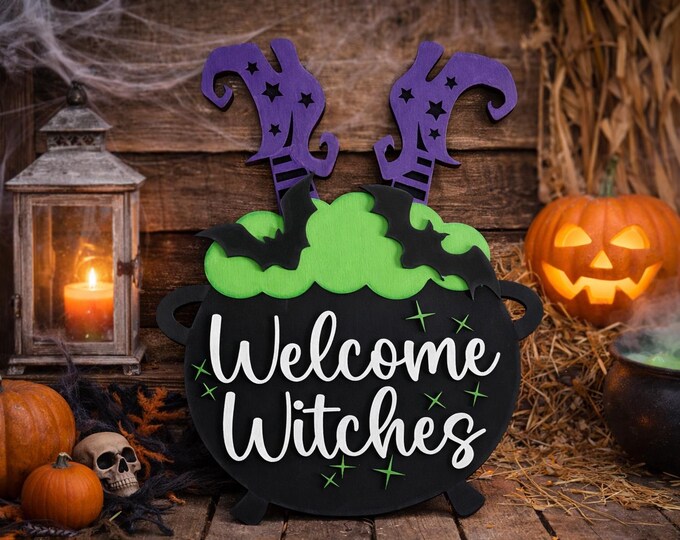 Welcome Witches Door Sign | Halloween Cauldron Decor | Witch Porch Sign | Spooky Front Door Hanger