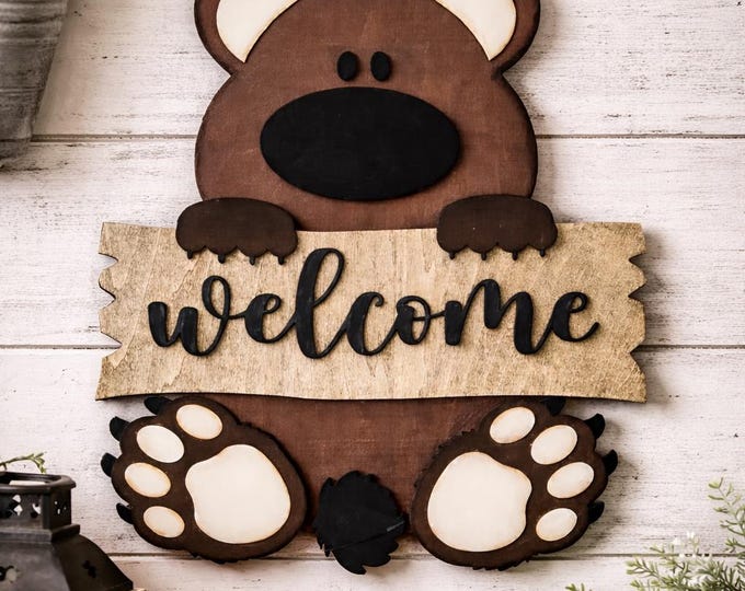 Rustic Bear Welcome Sign | Farmhouse Cabin Door Hanger