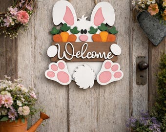 Layered Wood Bunny Welcome Sign | Rustic Farmhouse Spring Porch Decor