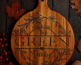 Personalized Acacia Wood Charcuterie Board: Engraved Family Name Serving Board