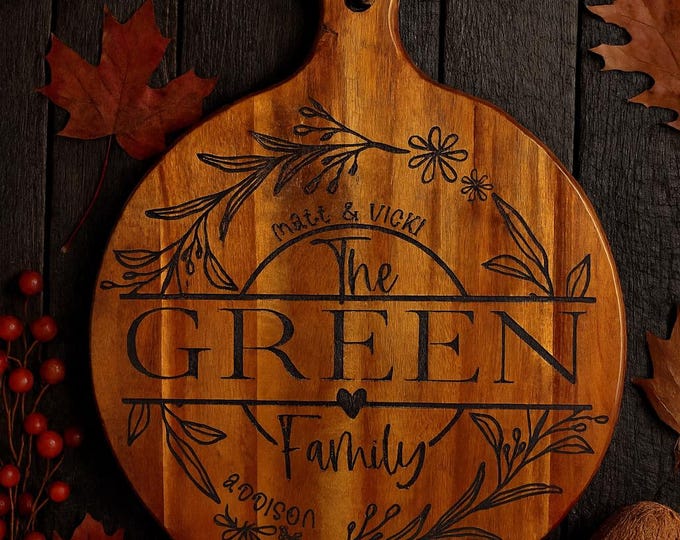 Personalized Acacia Wood Charcuterie Board: Engraved Family Name Serving Board