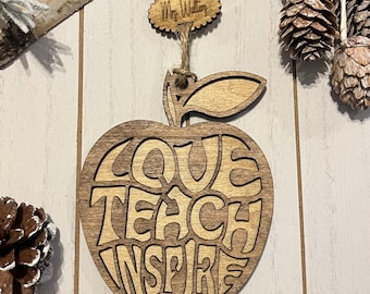 Personalized Teacher Ornament: Engraved Wood Apple with Sentiment Card