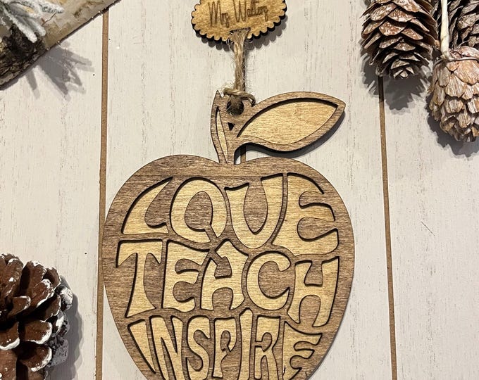 Personalized Teacher Ornament: Engraved Wood Apple with Sentiment Card