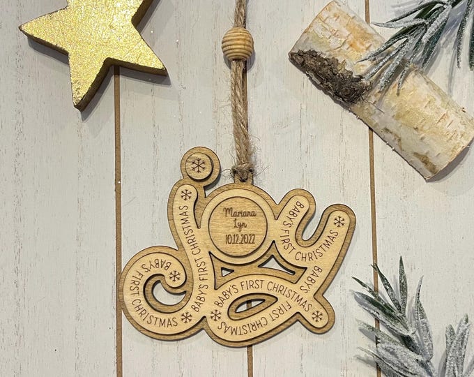 Personalized Baby’s First Christmas Ornament – Wooden “Joy” Keepsake with Custom Name & Date